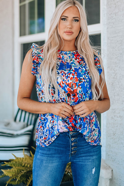 Abstract Print Ruffle Shoulder Top