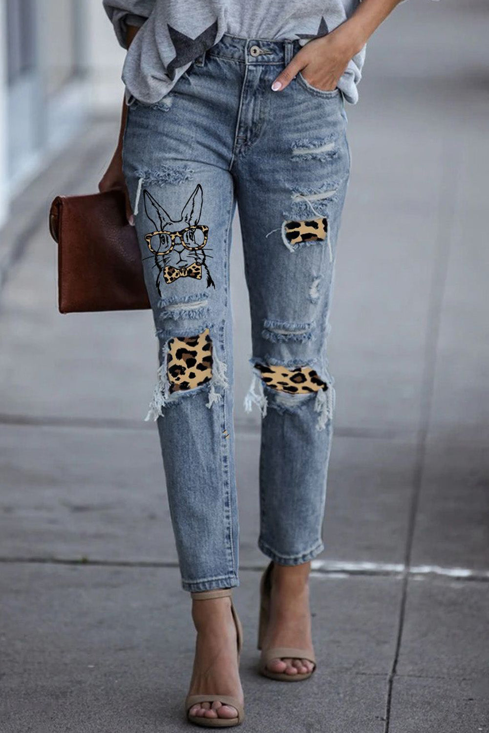 Easter Leopard Patch Bunny Graphic Jeans