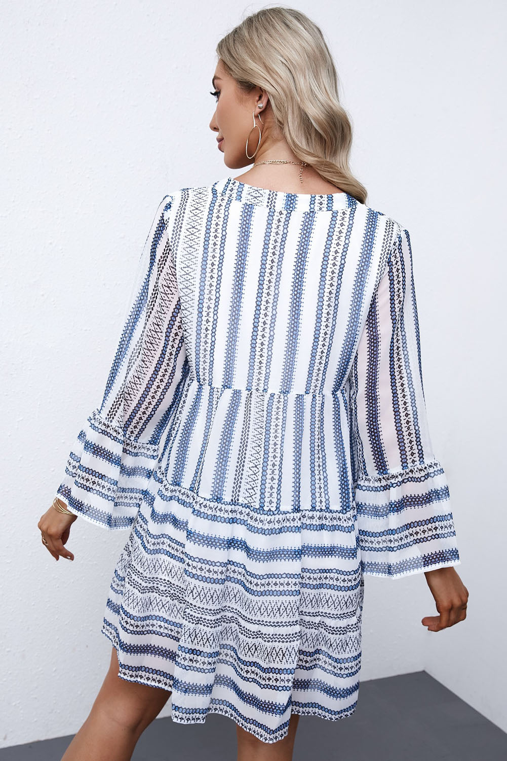 Printed Notched Neck Flare Sleeve Tiered Dress