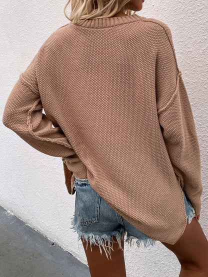 Buttoned Exposed Seam High-Low Sweater